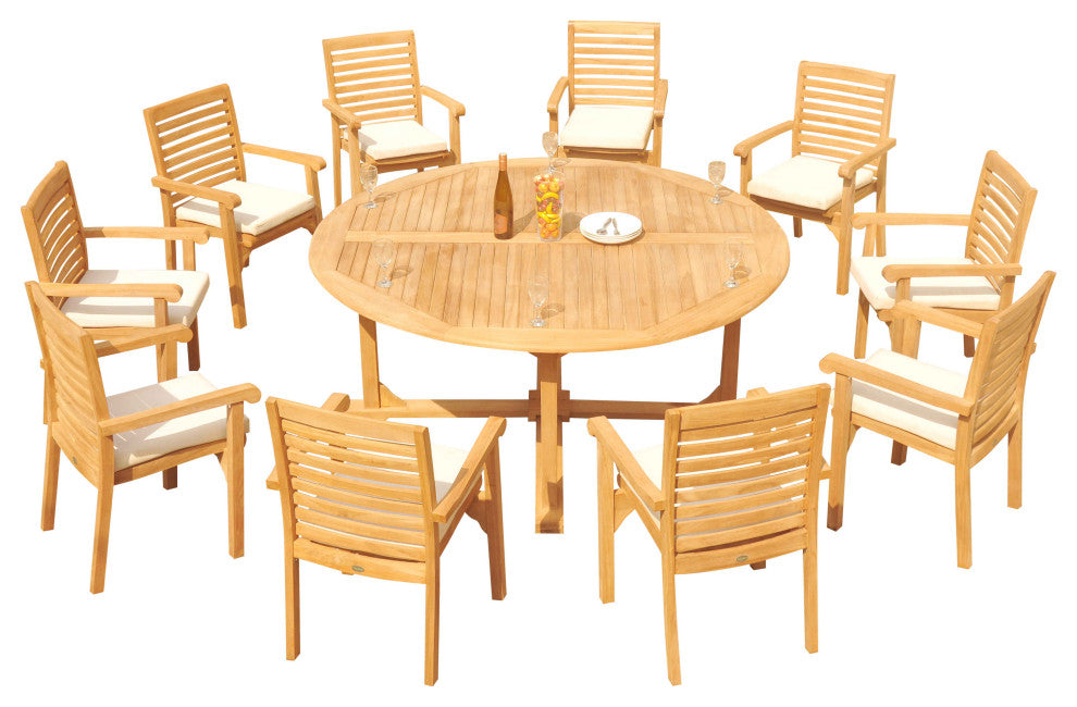 11-Piece Outdoor Teak Dining Set: 72" Round Table, 10 Hari Stacking Arm Chairs
