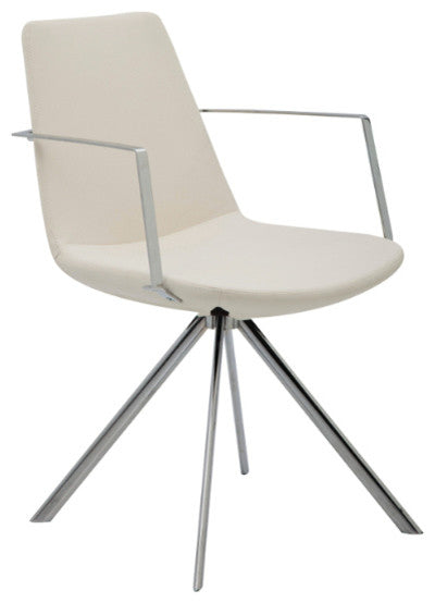 Pera Ellipse Swivel Armchair, White Leatherette, Polished Chrome Base