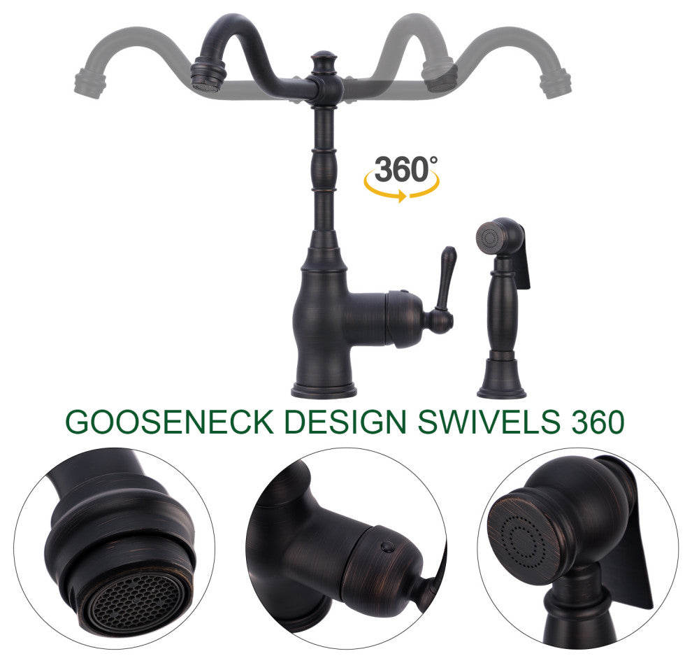 One-Handle Copper Widespread Kitchen Faucet with Side Sprayer, Oil Rubbed Bronze