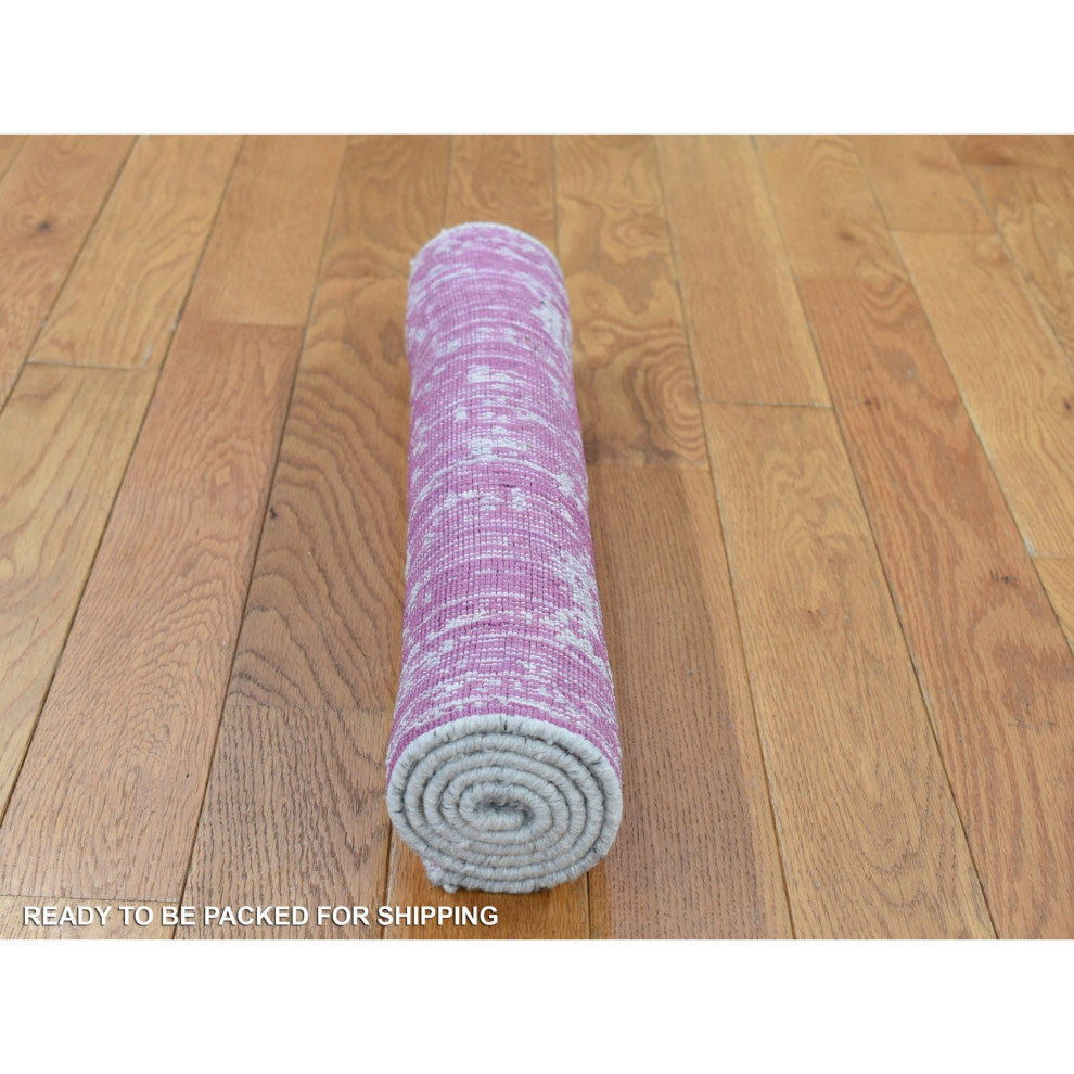 Pink, Fine Jacquard, Hand Loomed Wool and Plant Based Silk Mat Rug, 2'0"x3'0"