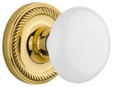 Single Rope Rosette With White Porcelain Knob, Polished Brass