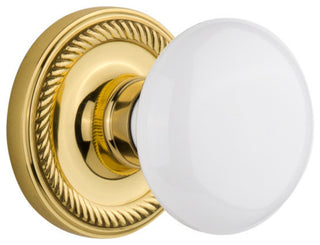 Single Rope Rosette With White Porcelain Knob, Polished Brass