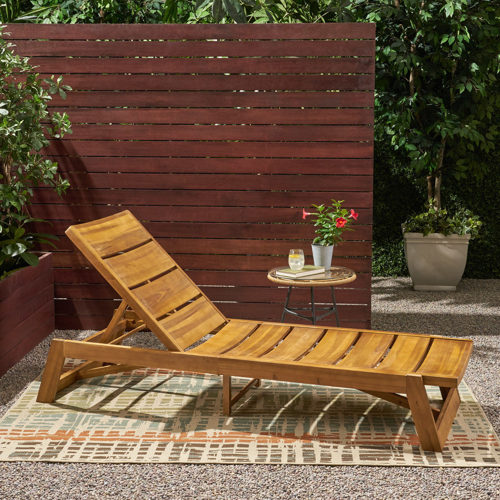 Lillian Outdoor Wood and Iron Chaise Lounge, Teak Finish, Yellow