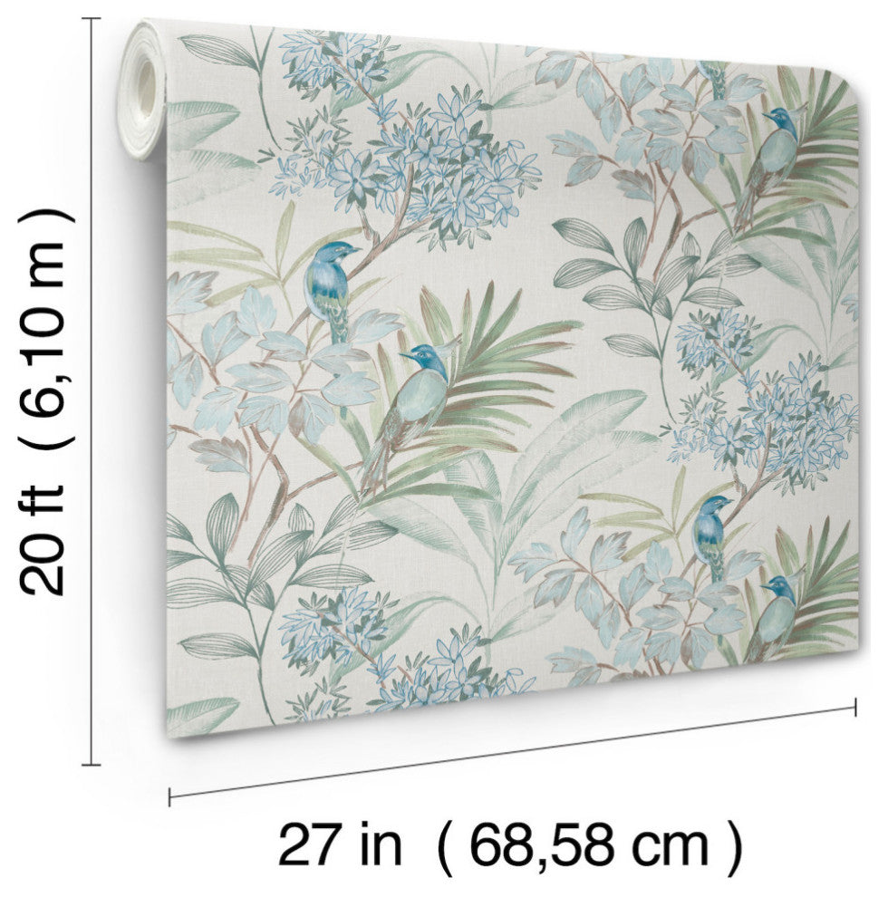 Turquiose Handpainted Songbird Peel & Stick Wallpaper