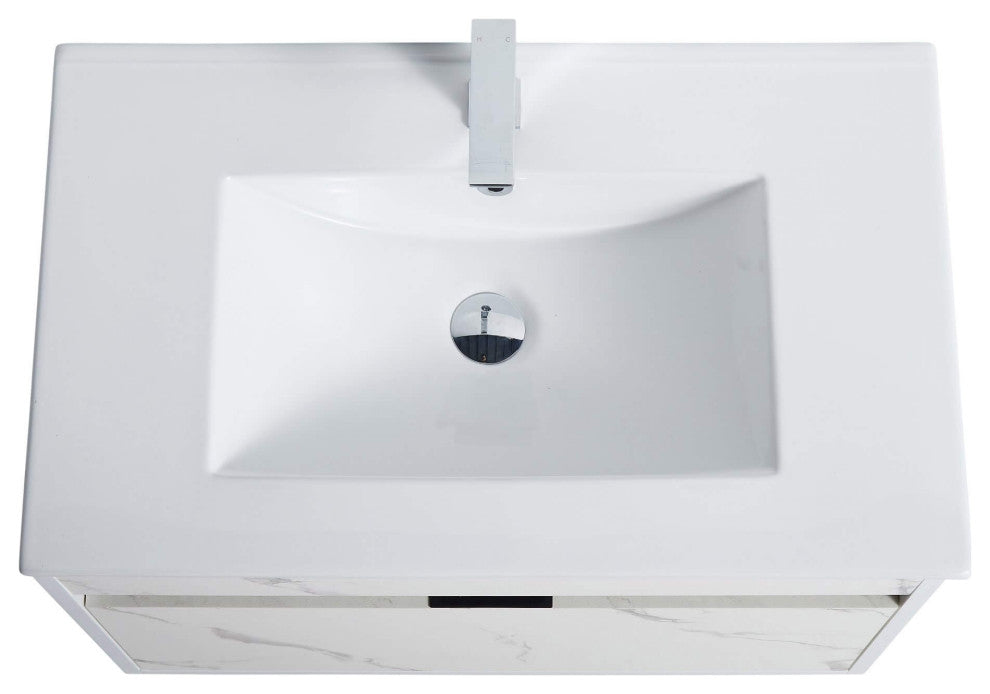 Alpine Wall Mount Bathroom Vanity and Sink, White Marble, 30"