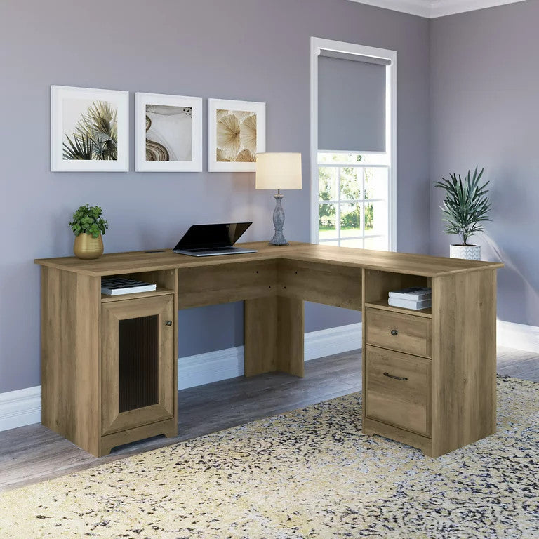 Corner Desk, 2 Drawers & Storage Cabinet With Fluted Glass Door, Reclaimed Pine