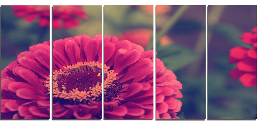 Vintage Photo of Cute Red Flowers, Large Floral Canvas Print, 60"x28", 5 Panels