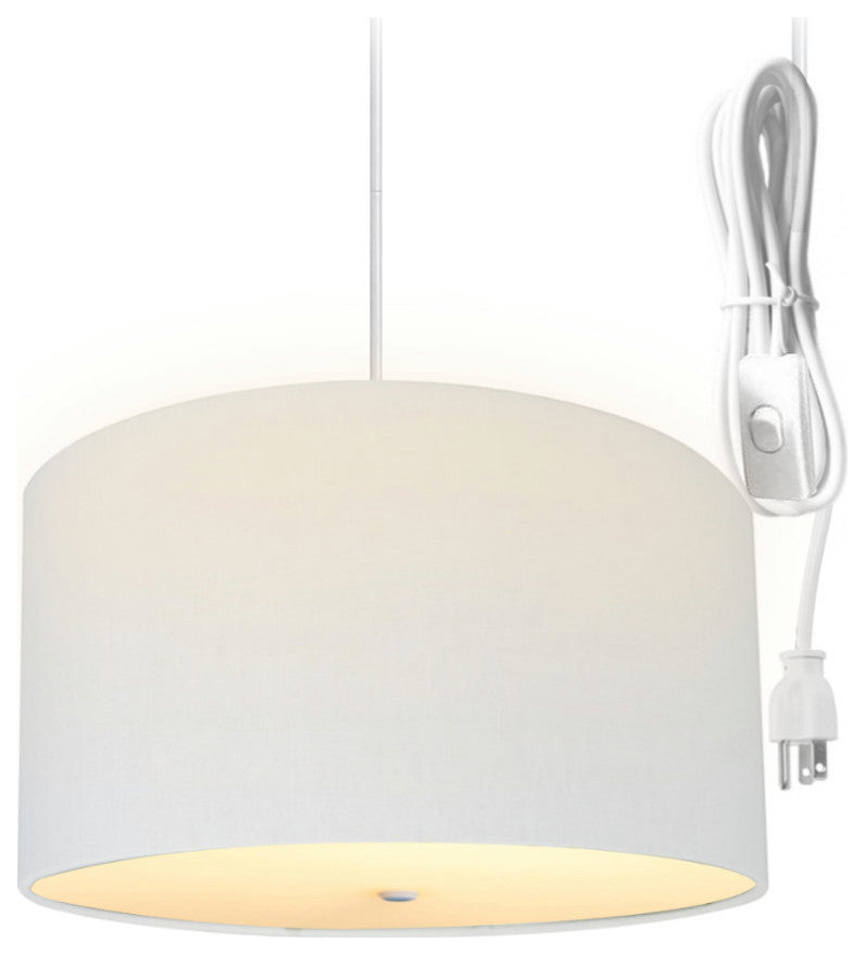 2 Light Swag Plug-In Pendant 16"w White Linen Drum with Diffuser, White Cord