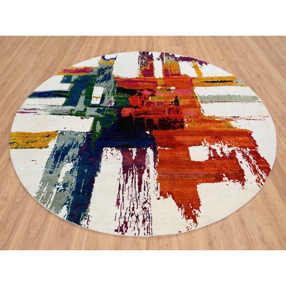 Colorful Wool and Silk Hand Knotted Modern Abstract Motifs Round Rug, 8'9"x8'9"