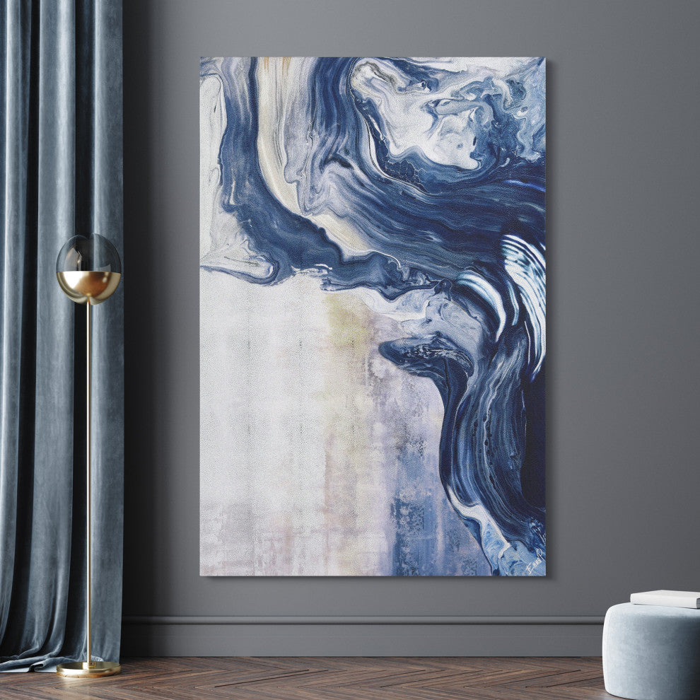 "Ocean Whispers" Blue Waves Rendered on Silver Shagreen Wrapped Canvas Wall Art