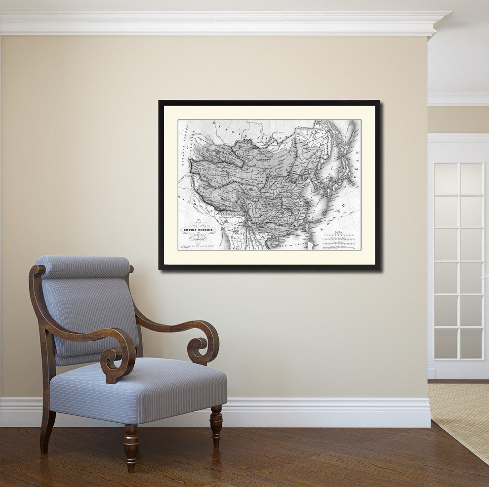 China Japan Korea Vintage B&W Map Canvas Print, 16"x21"