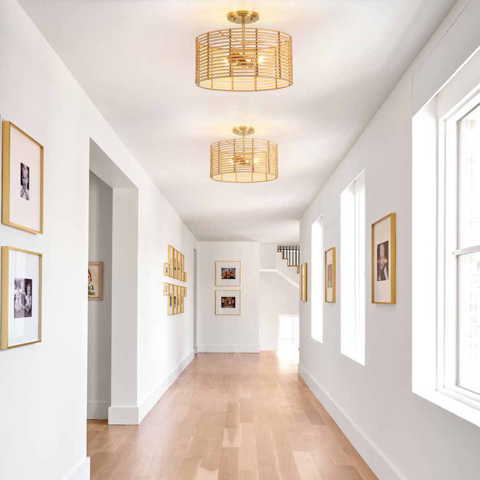 15.4"W 2-Light Bohemian Rattan Semi-Flush Mount Ceiling Light