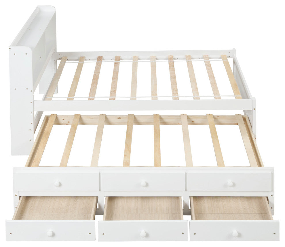 Full/Twin Wood Frame Platform Bed with Trundle and Drawers, White, Twin