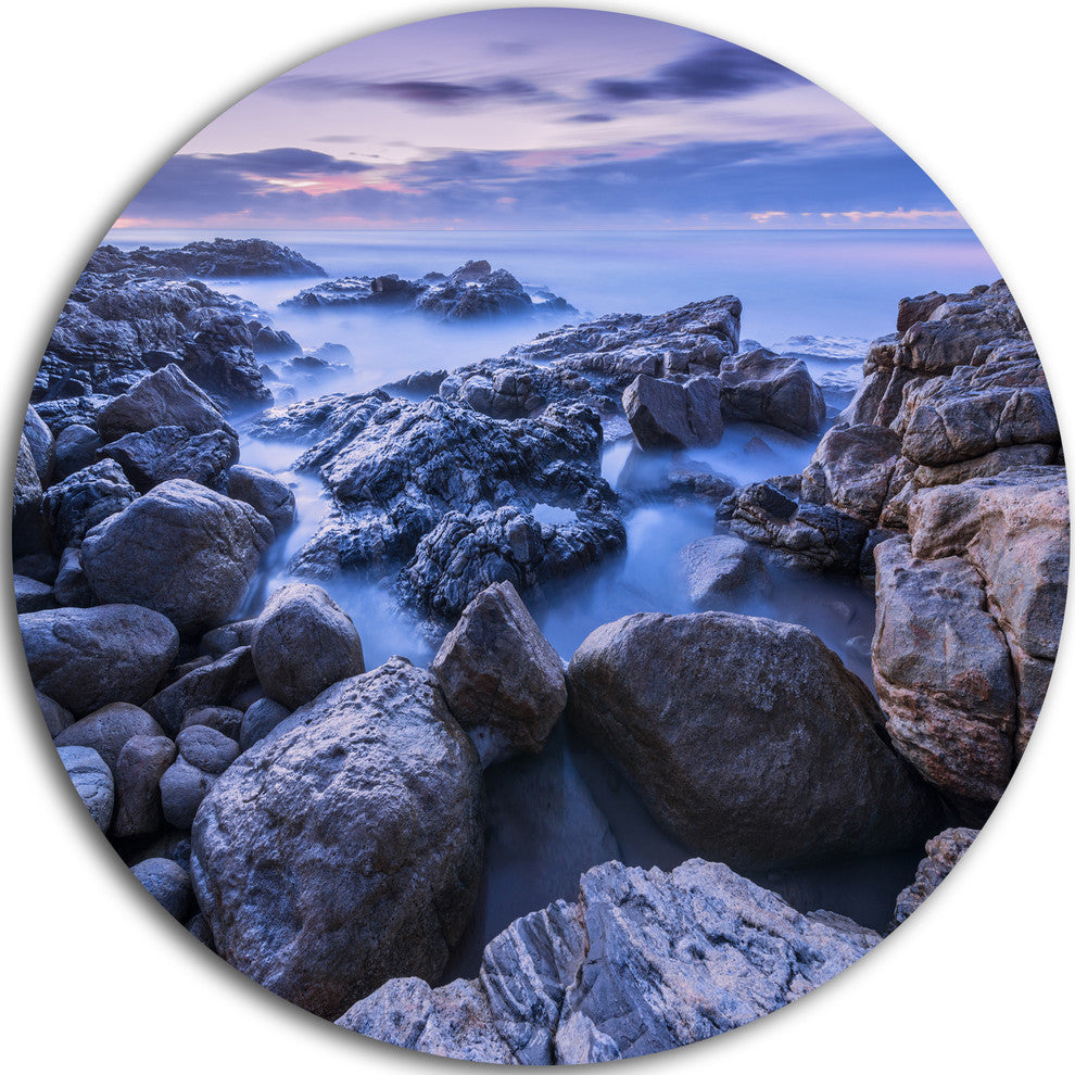 Rocky Blue Seashore In Morning, Modern Seascape Disc Metal Artwork, 23"