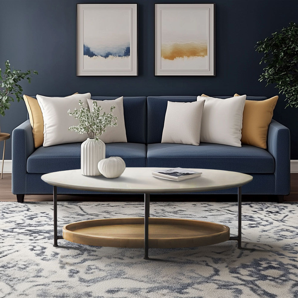 Madison Park Beaumont White Oval Coffee Table With Wood Base Shelf, Coffee Table