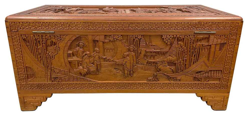 Consigned Early 20th Century Chinese Carved Camphor Wooden Trunk, Hope Chest