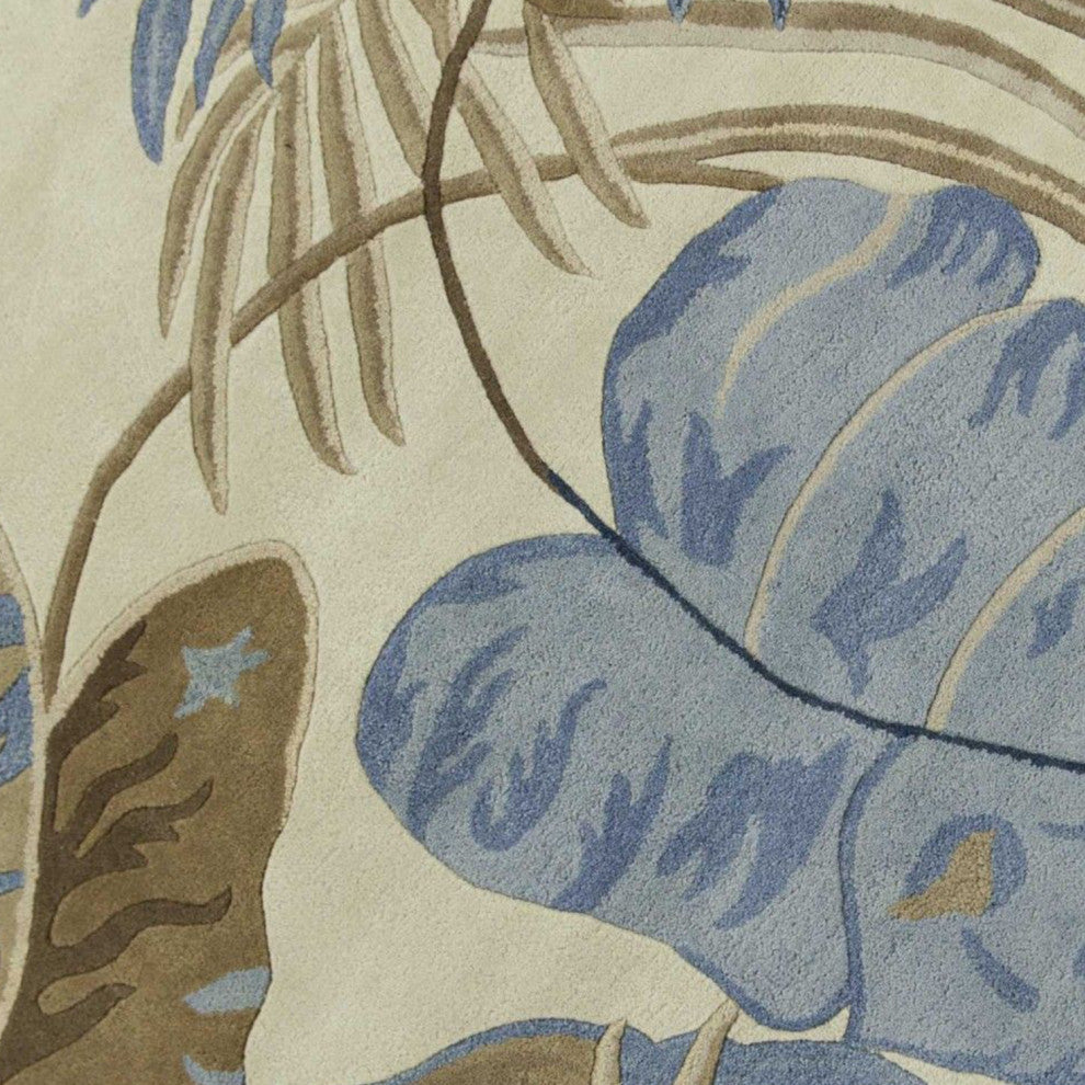 HomeRoots 8' Ivory Blue Hand Tufted Tropical Leaves Round Indoor Area Rug