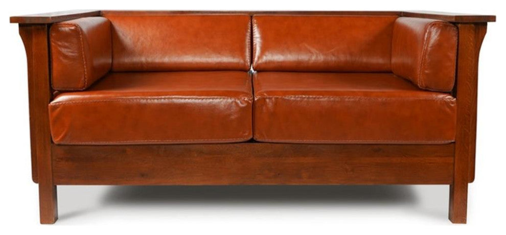 Arts and Crafts / Craftsman Cubic Slat Side Love Seat - Russet Brown Leather (RB