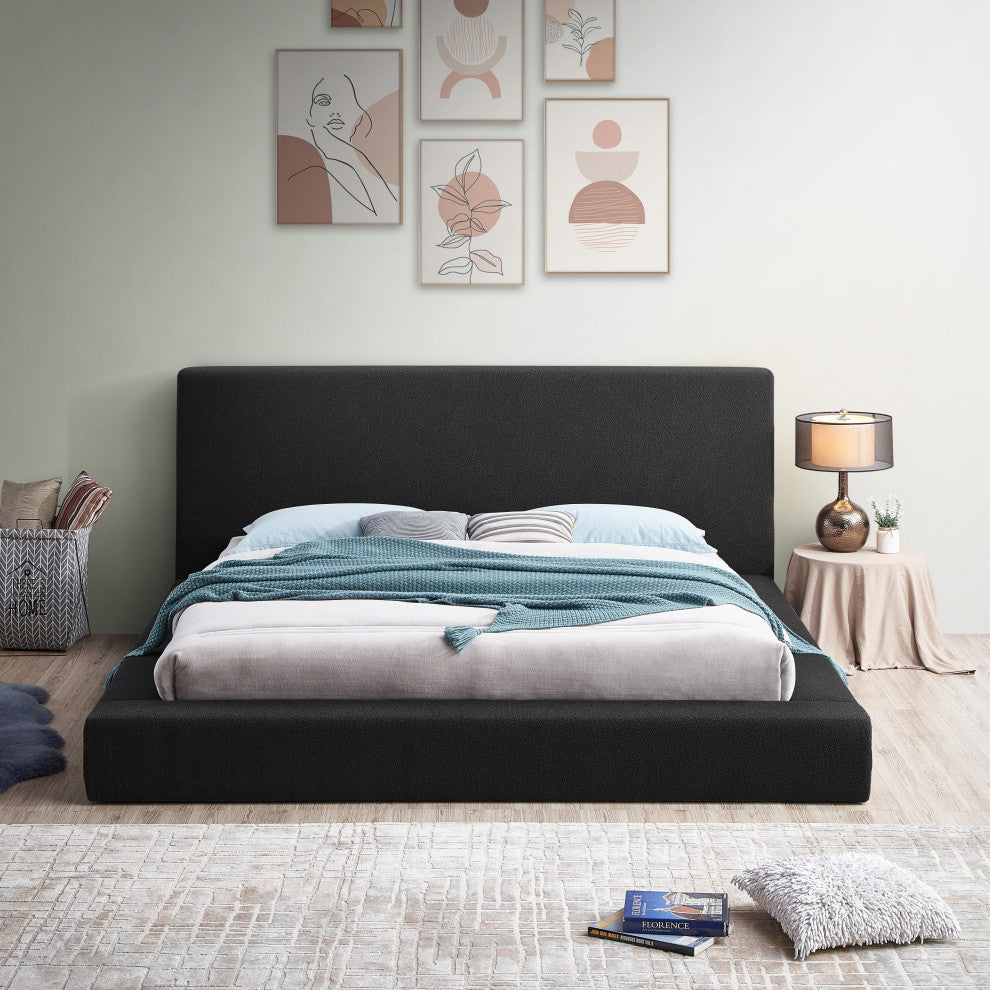 Terra Boucle Fabric Upholstered Bed, Black, Full