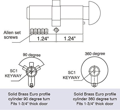 360 degree Solid Brass Europrofile Cylinder For 1.75" Thick Door, Polished Brass
