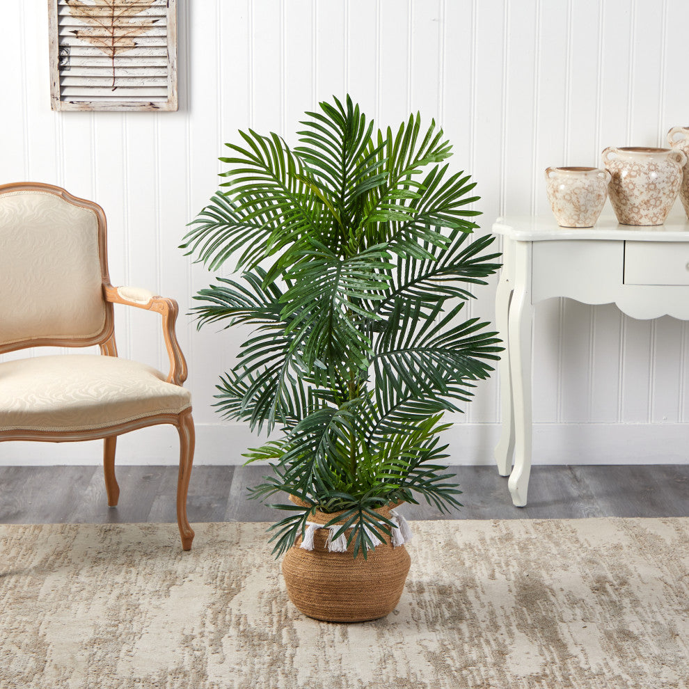4' Areca Faux Palm Tree, Boho Handmade Natural Cotton Woven Planter W/Tassels