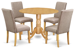 5Pc Round 42" Kitchen Table, Two 9-Inch Drop Leaves, Four Chair, Dark Khaki