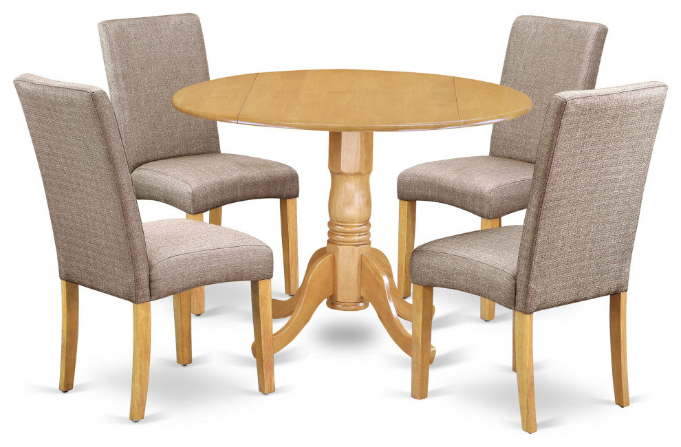 5Pc Round 42" Kitchen Table, Two 9-Inch Drop Leaves, Four Chair, Dark Khaki
