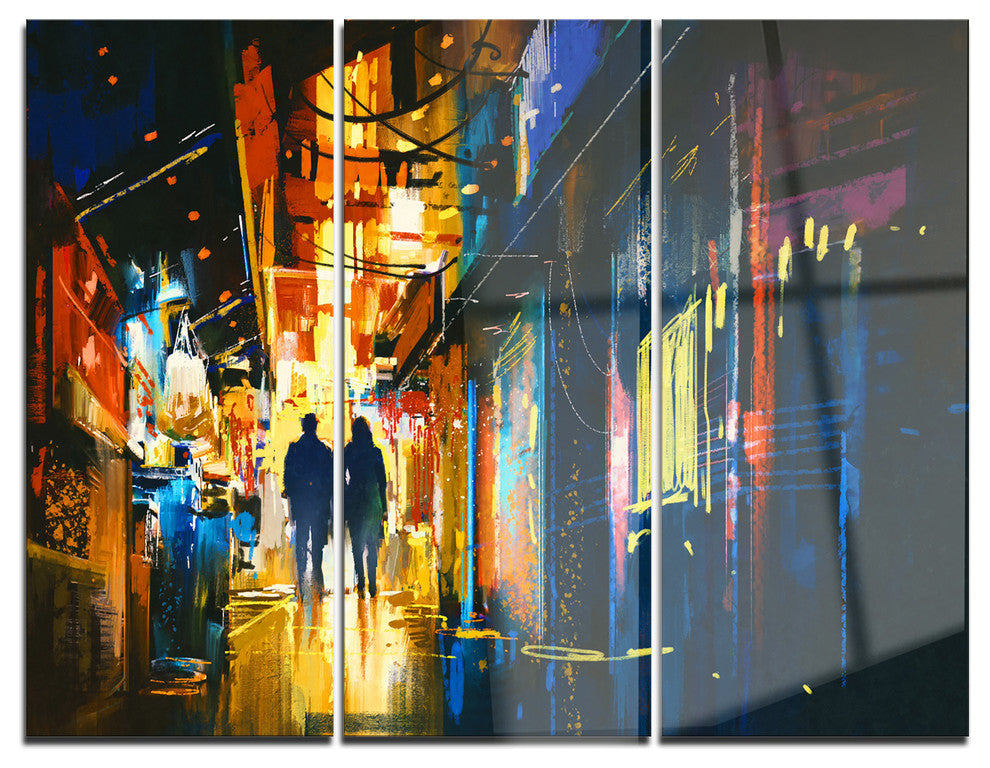 "Couple Walking in an Alley" Glossy Metal Wall Art, 3 Panels, 36"x28"