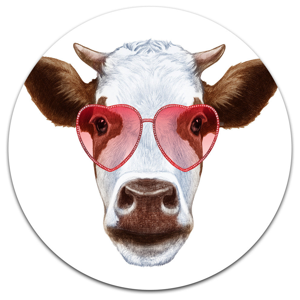 Cow With Red Heart Glasses, Modern Animal Round Wall Art, 36"