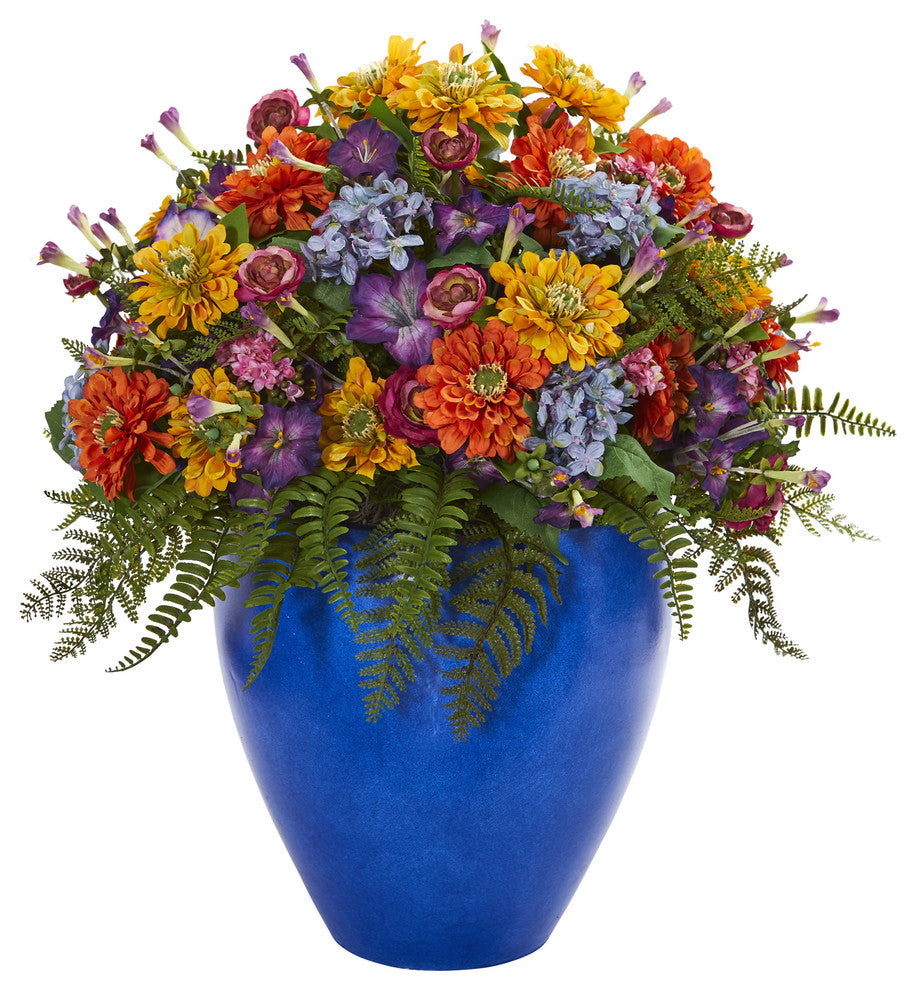 Giant Mixed Floral Artificial Arrangement, Blue Vase