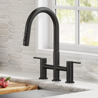 KRAUS Oletto 2-Function Pulldown 3-Hole Bridge Kitchen Faucet, Matte Black
