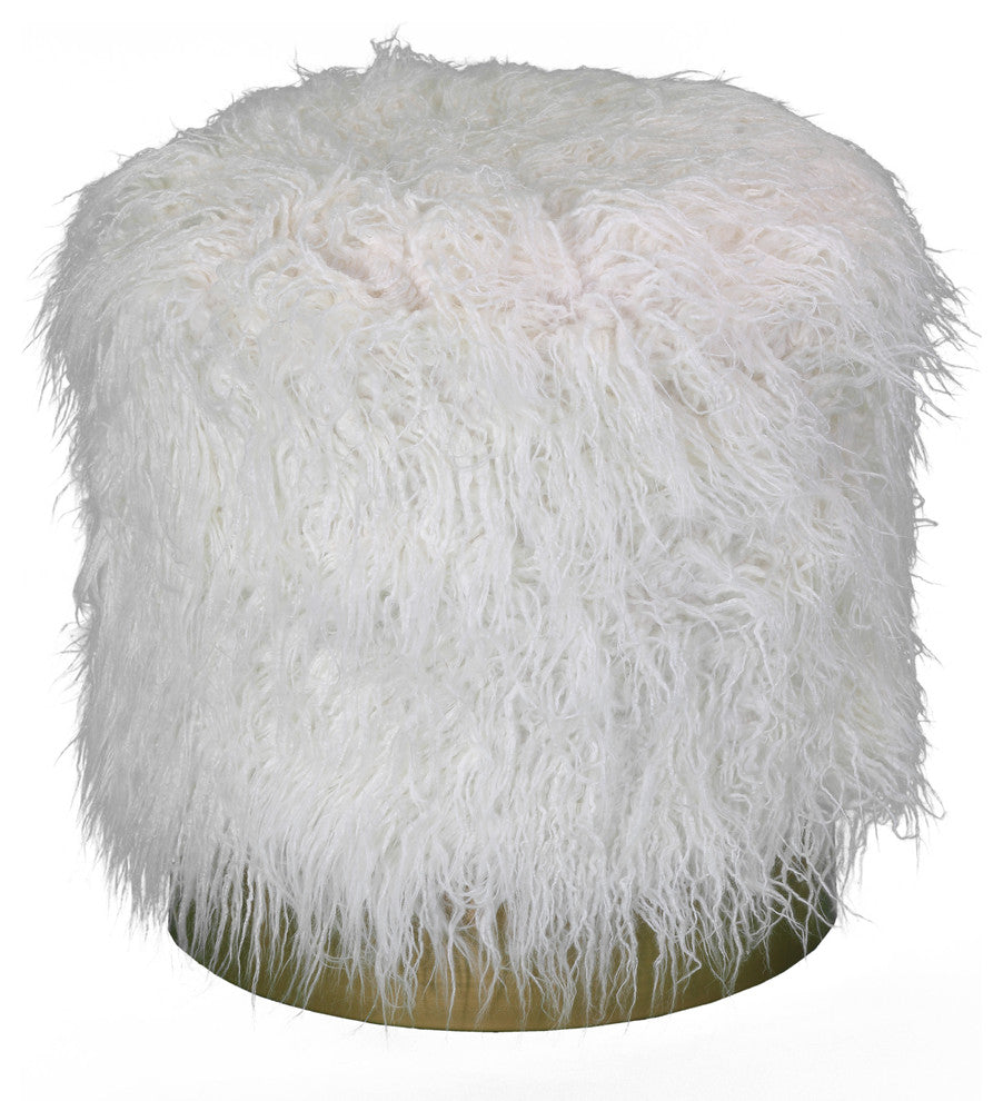Cortesi Home Sheppe Cylindrical Ottoman With Gold Metal Base, 18", White Faux Fu