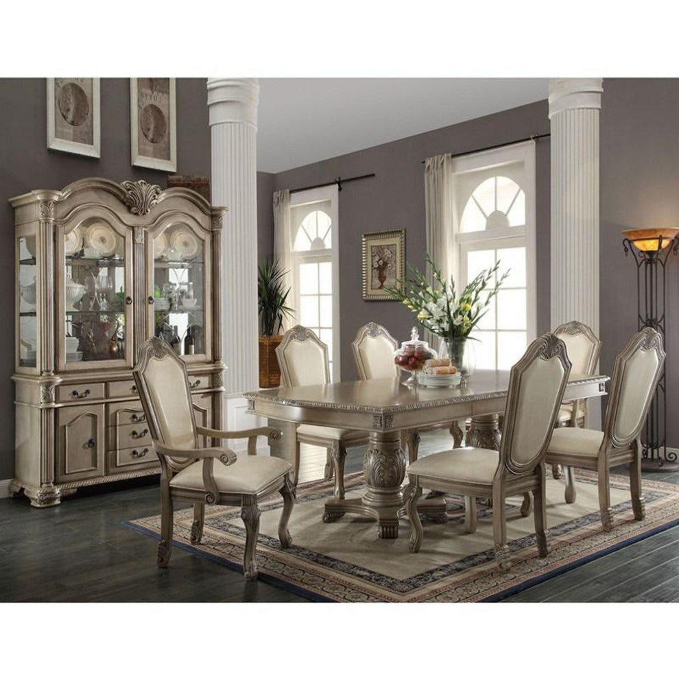 Set of 2 PU Upholstered Arm Chair, Antique White Finish