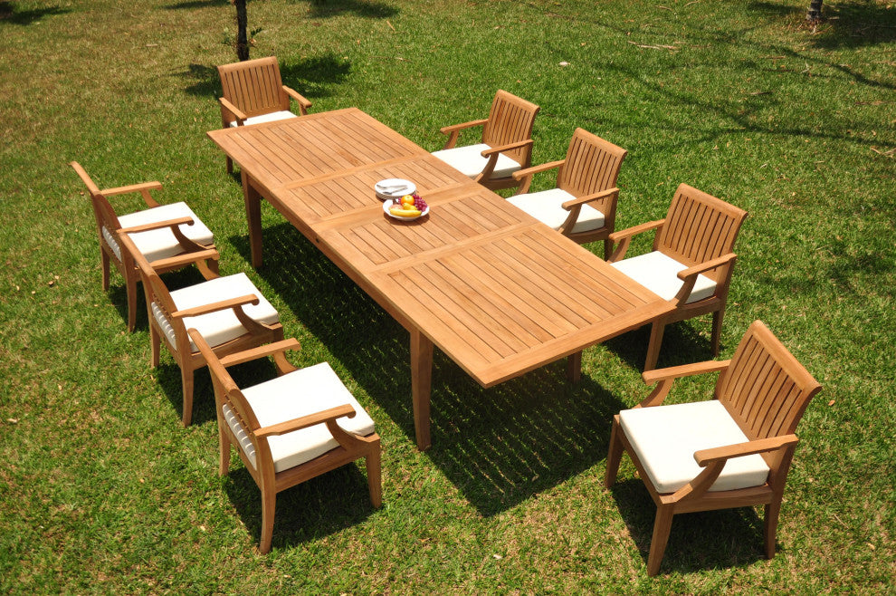 9-Piece Outdoor Teak Dining Set 122" X-Large Rectangle Table, 8 Lagos Arm Chairs