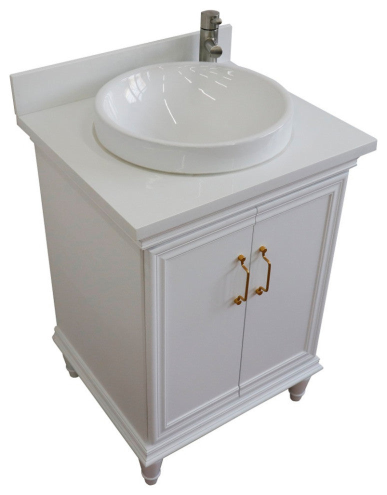 25" Single Vanity, White Finish With White Engineered Stone Top And Round Sink