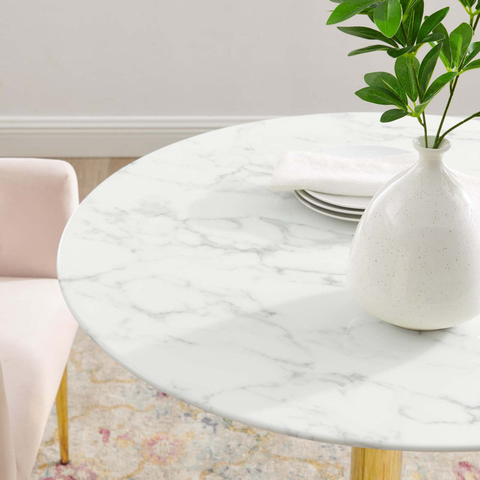 35" Dining Table, Round, White Gold, Artificial Marble, Modern, Mid Century
