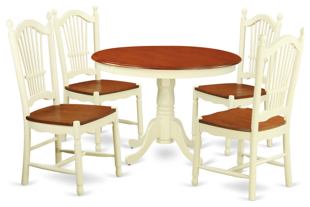 5 Pc Set, Round Small Table, 4 Leather Kitchen Chairs, Buttermilk, Cherry .