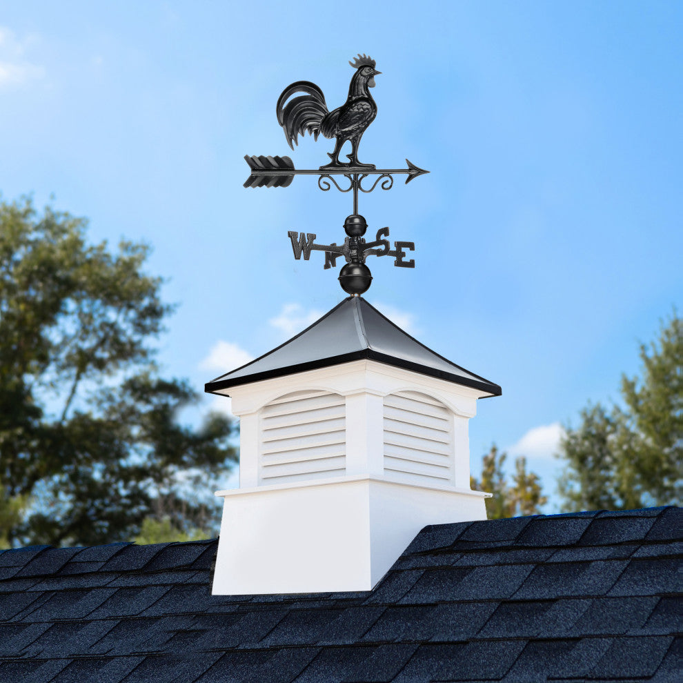 30" Square Coventry Vinyl Cupola, Black Aluminum Rooster Weathervane and Roof