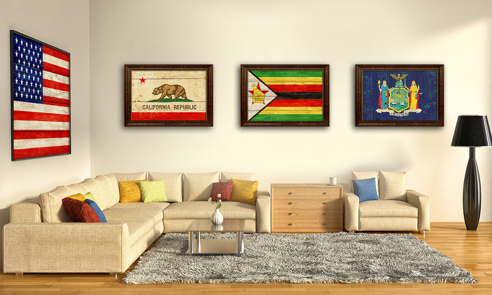 Zimbabwe Country Textured Flag Print With Brown Gold Frame, 15"X21"