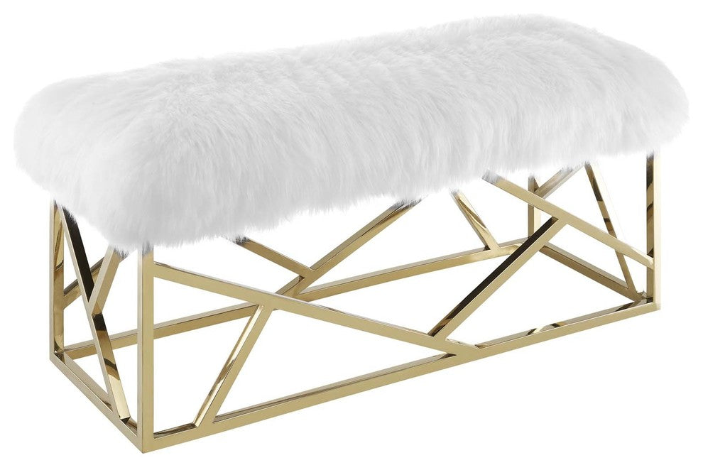 Modway Intersperse Sheepskin Bench, Gold White