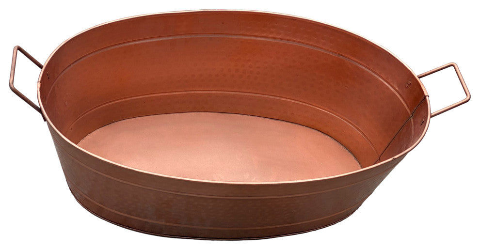Benzara BM195214 Oval Hammered texture Metal Tub With 2 Side Handles, Copper