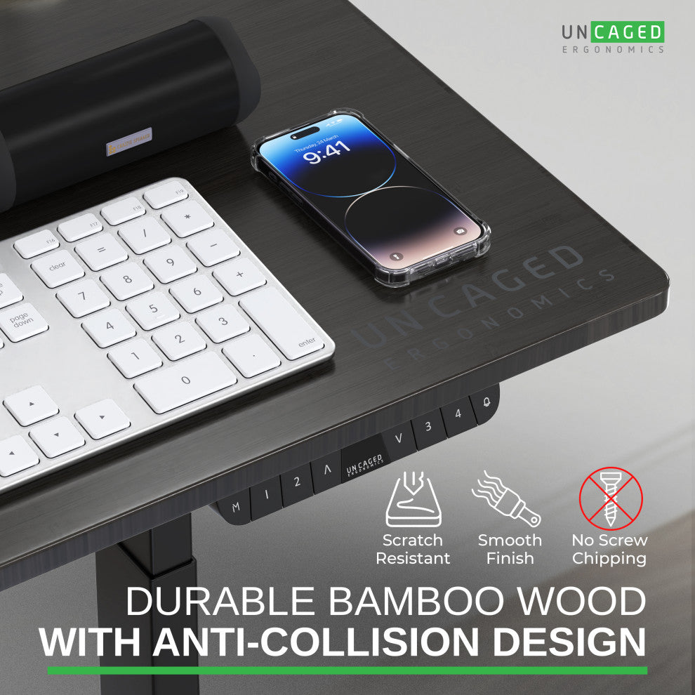 Rise Up Bamboo Electric Adjustable Height Office Desk, Black + Black Bamboo