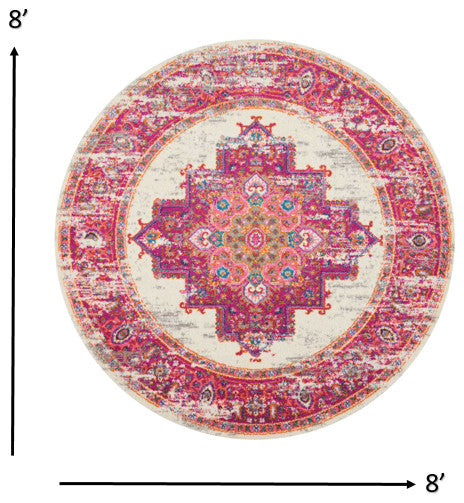 8 Round Ivory and Fuchsia Distressed Area Rug