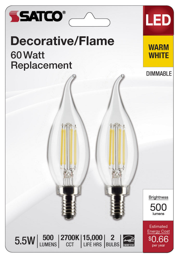 5.5W CA10 LED, Clear, Candelabra Base, 2700K, 500 Lumens, 120V, 2-Pack