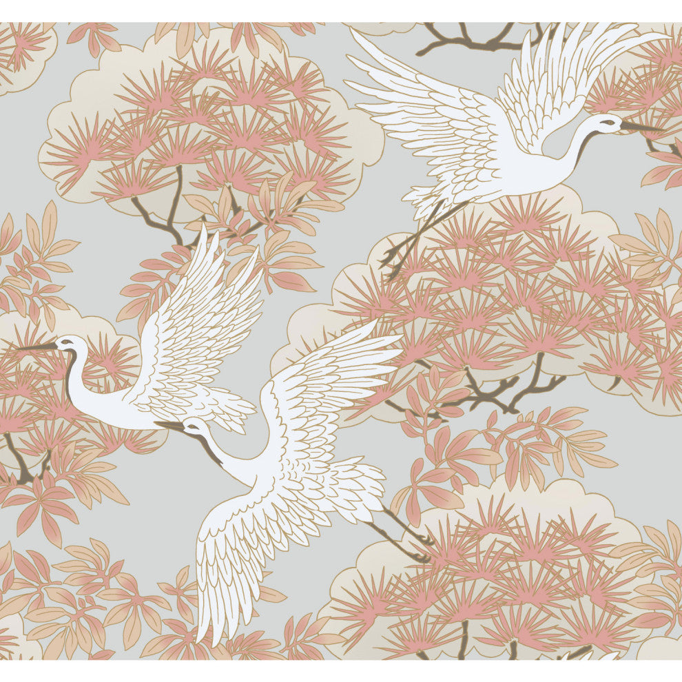 Sprig and Heron Coral Wallpaper