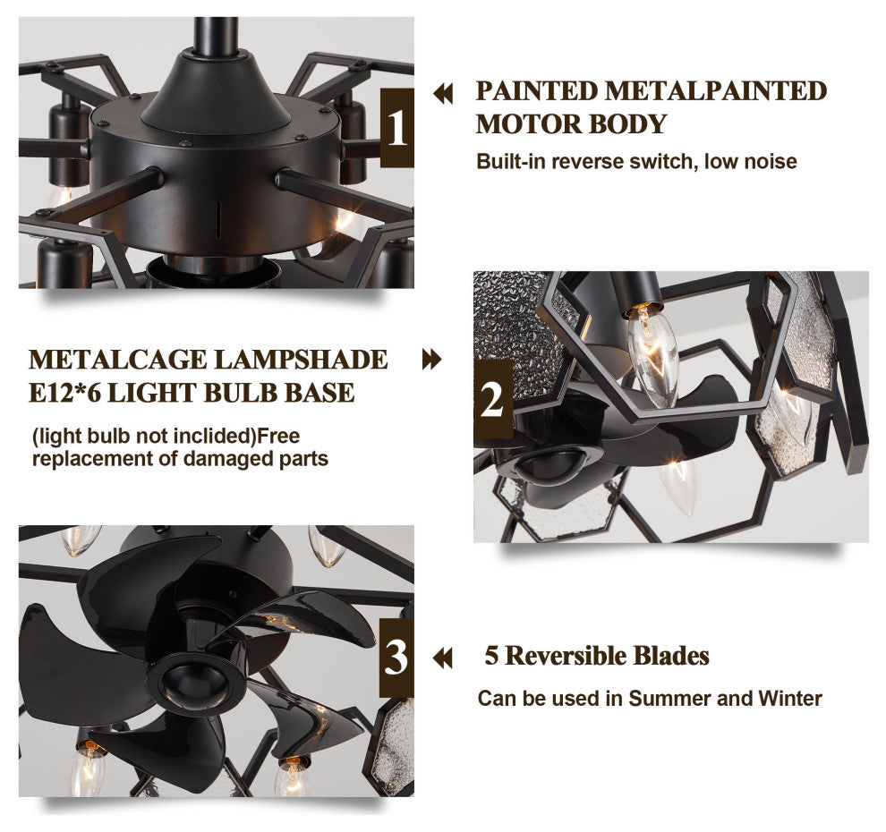 Bella Depot 19" Black Ceiling Fan with Remote and Light 6-speed