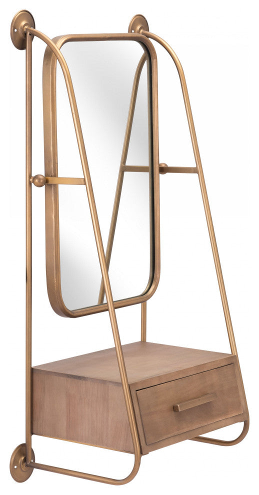 Gold Mirror Shelf With Birch Drawer