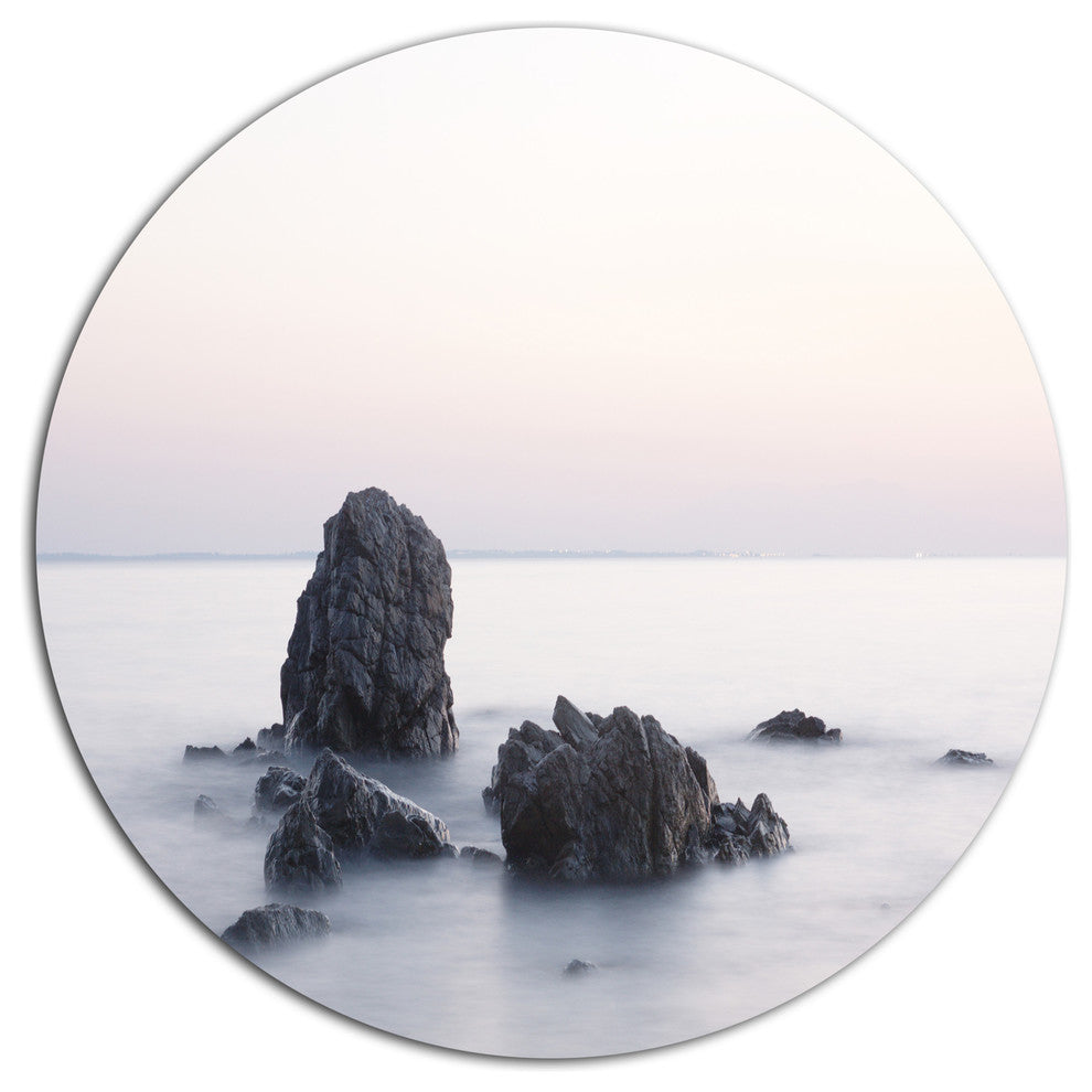 Rocks In The Sea Black And White, Seashore Art Round Metal Artwork, 23"
