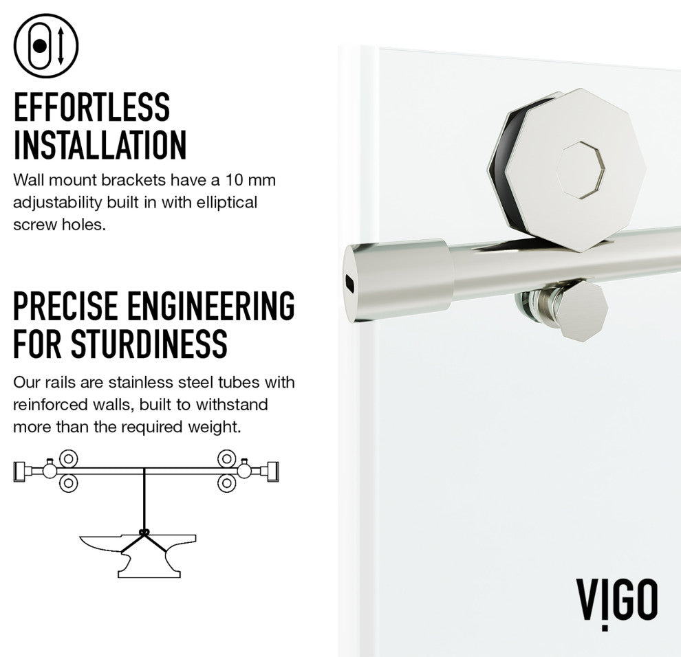 VIGO Elan Hart 56" to 60" W x 76" H Frameless Sliding Shower Door, Stainless Steel, Clear Glass