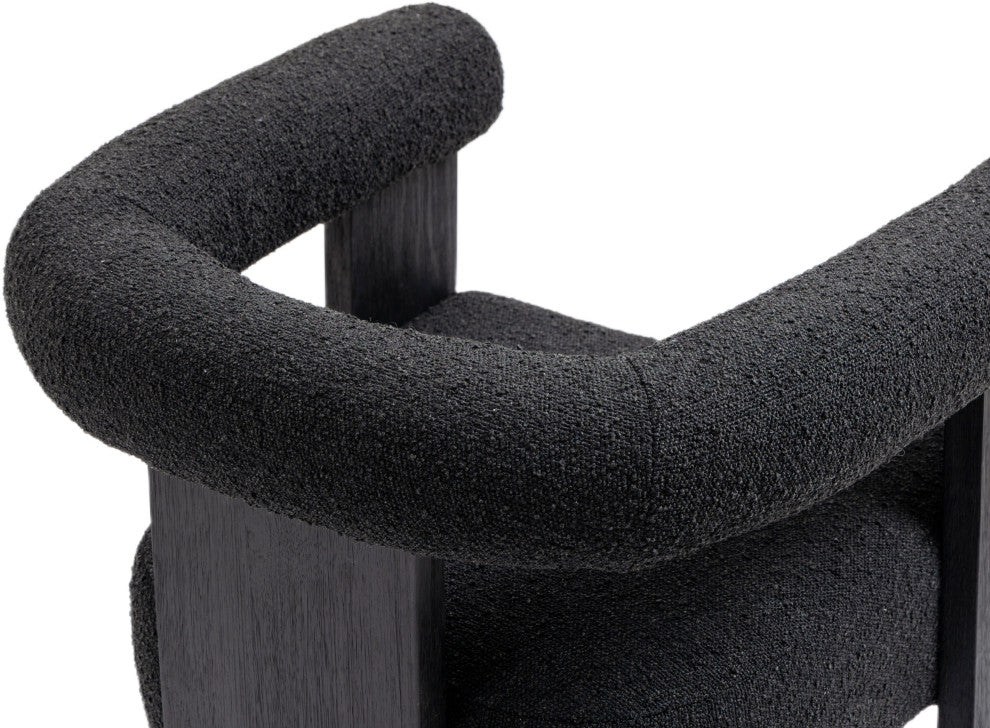 Barrel Boucle Fabric Upholstered Dining Chair, Black, Black Finish